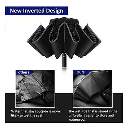 Auto-Open Reverse Folding Umbrella with reflective safety strip for visibility in low-light conditions