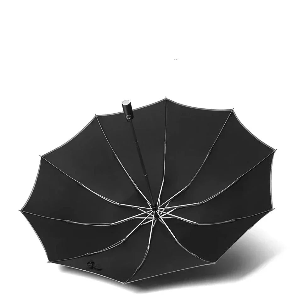 Auto-Open Reverse Folding Umbrella with reflective safety strip for visibility in low-light conditions
