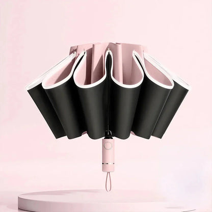 Auto-Open Reverse Folding Umbrella with reflective safety strip for visibility in low-light conditions