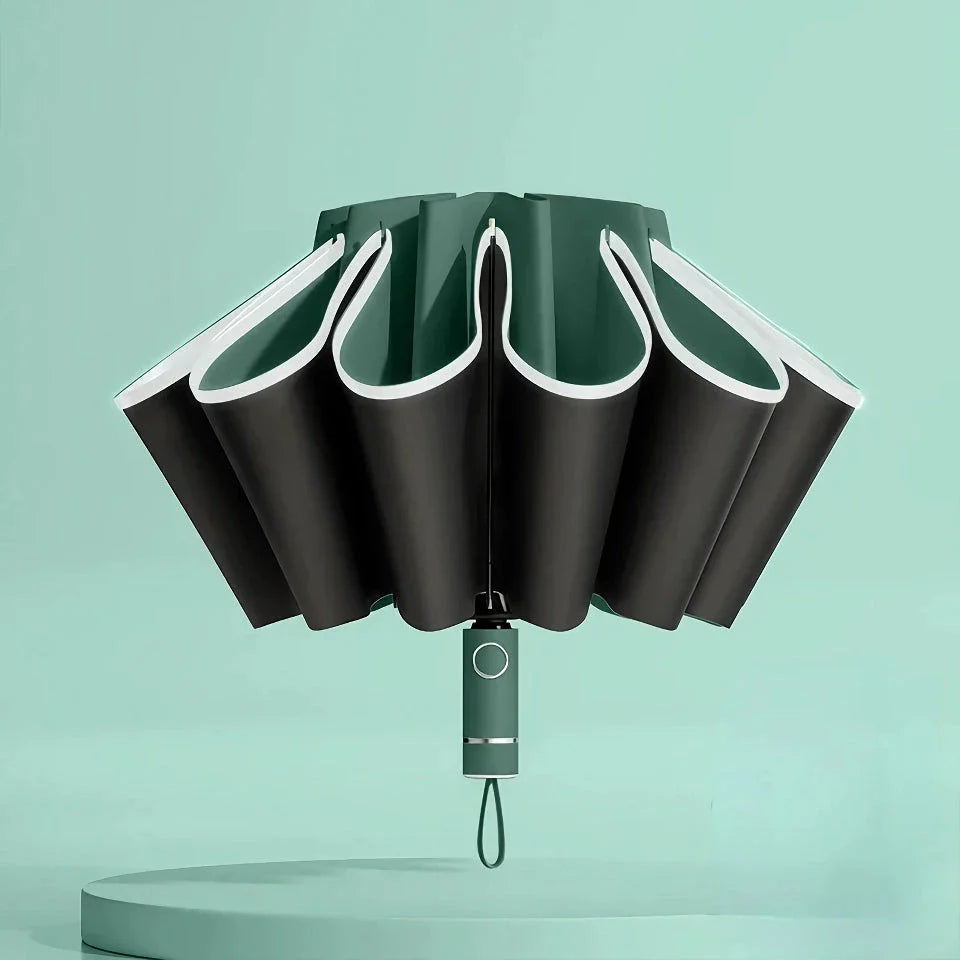 Auto-Open Reverse Folding Umbrella with reflective safety strip for visibility in low-light conditions