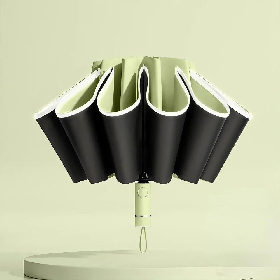 Auto-Open Reverse Folding Umbrella with reflective safety strip for visibility in low-light conditions