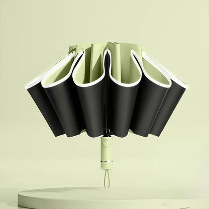 Auto-Open Reverse Folding Umbrella with reflective safety strip for visibility in low-light conditions