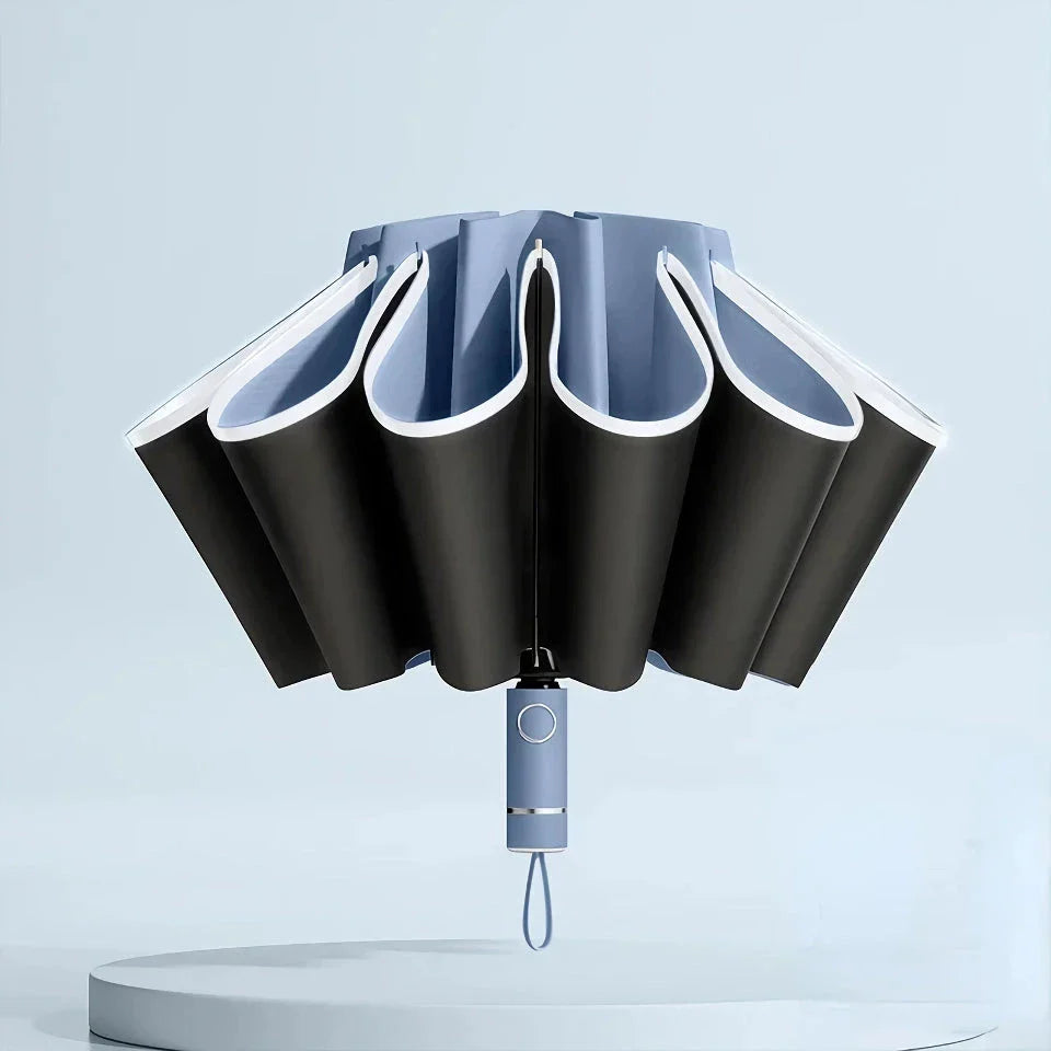 Auto-Open Reverse Folding Umbrella with reflective safety strip for visibility in low-light conditions