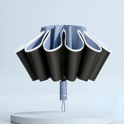 Auto-Open Reverse Folding Umbrella with reflective safety strip for visibility in low-light conditions