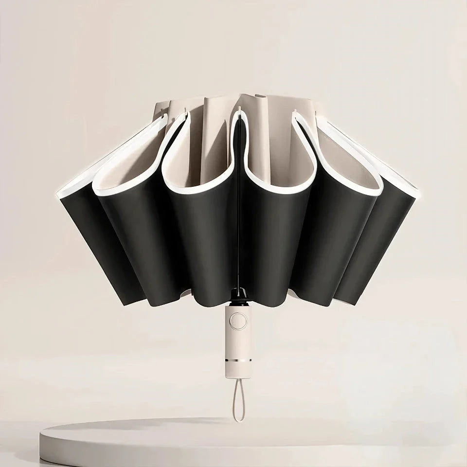 Auto-Open Reverse Folding Umbrella with reflective safety strip for visibility in low-light conditions