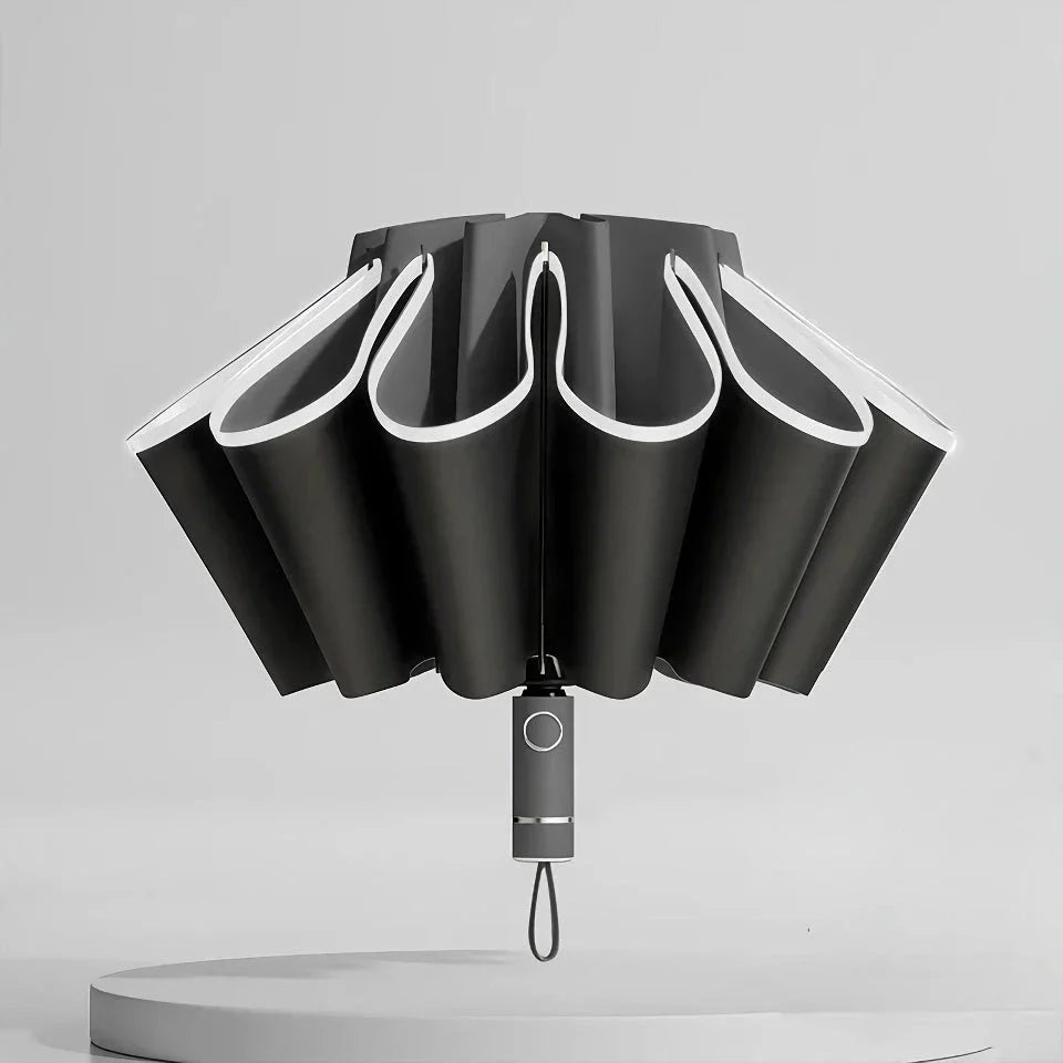 Auto-Open Reverse Folding Umbrella with reflective safety strip for visibility in low-light conditions