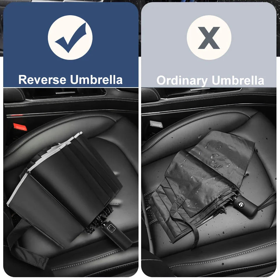 Auto-Open Reverse Folding Umbrella with reflective safety strip for visibility in low-light conditions