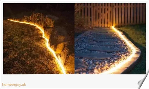 40ft solar-powered garden pathway light strips in use, illuminating a winding garden path with a warm, enchanting glow