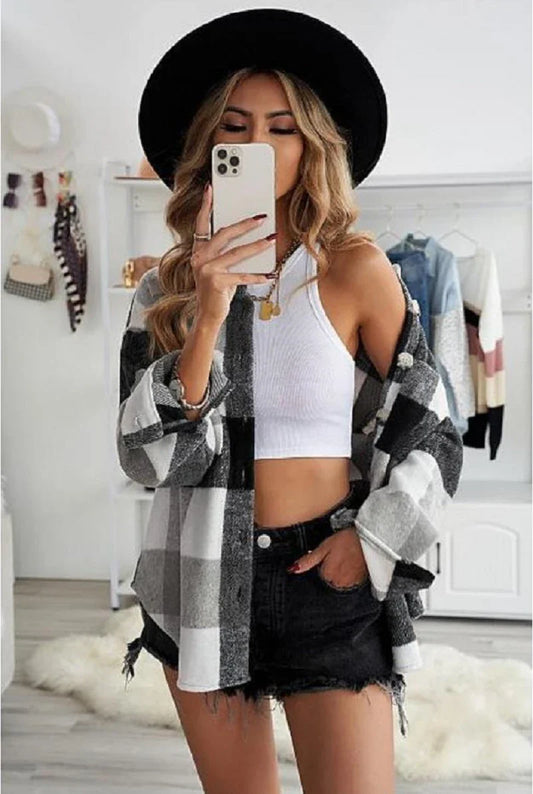 Casual long-sleeved blouse with plaid woollen coat in khaki, pink, and grey colours