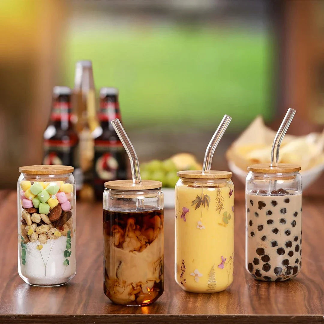 Stylish 18.6 oz glass cup with lid and straw in transparent design, perfect for iced coffee, bubble tea, and other cold beverages