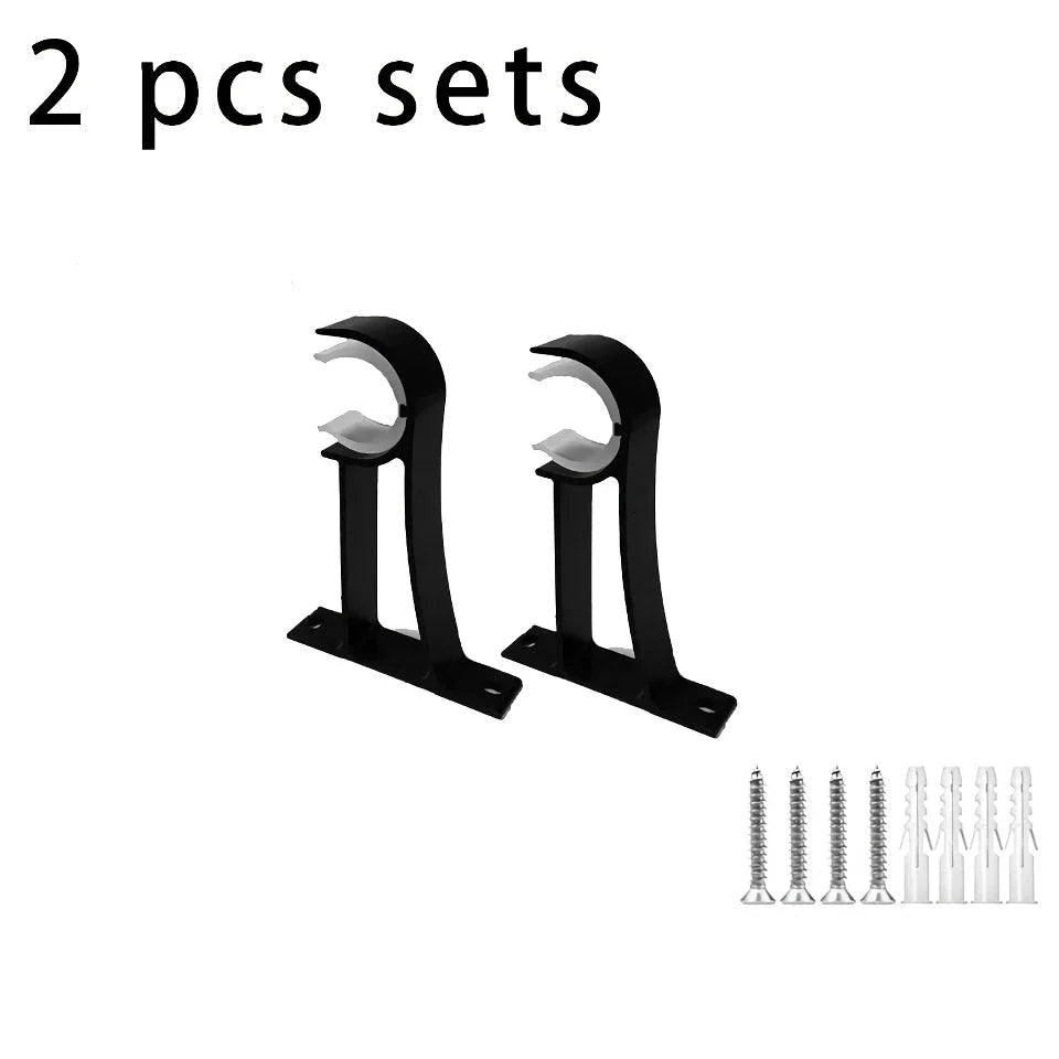 Aluminium alloy curtain rod brackets in black and white, designed for easy installation and sturdy support for curtains, shower rods, and other pipes up to 32mm in diameter.