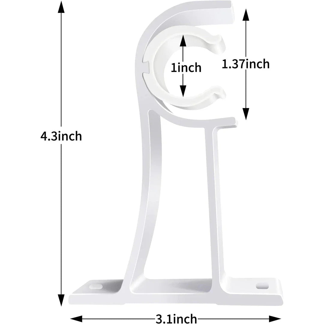 Aluminium alloy curtain rod brackets in black and white, designed for easy installation and sturdy support for curtains, shower rods, and other pipes up to 32mm in diameter.