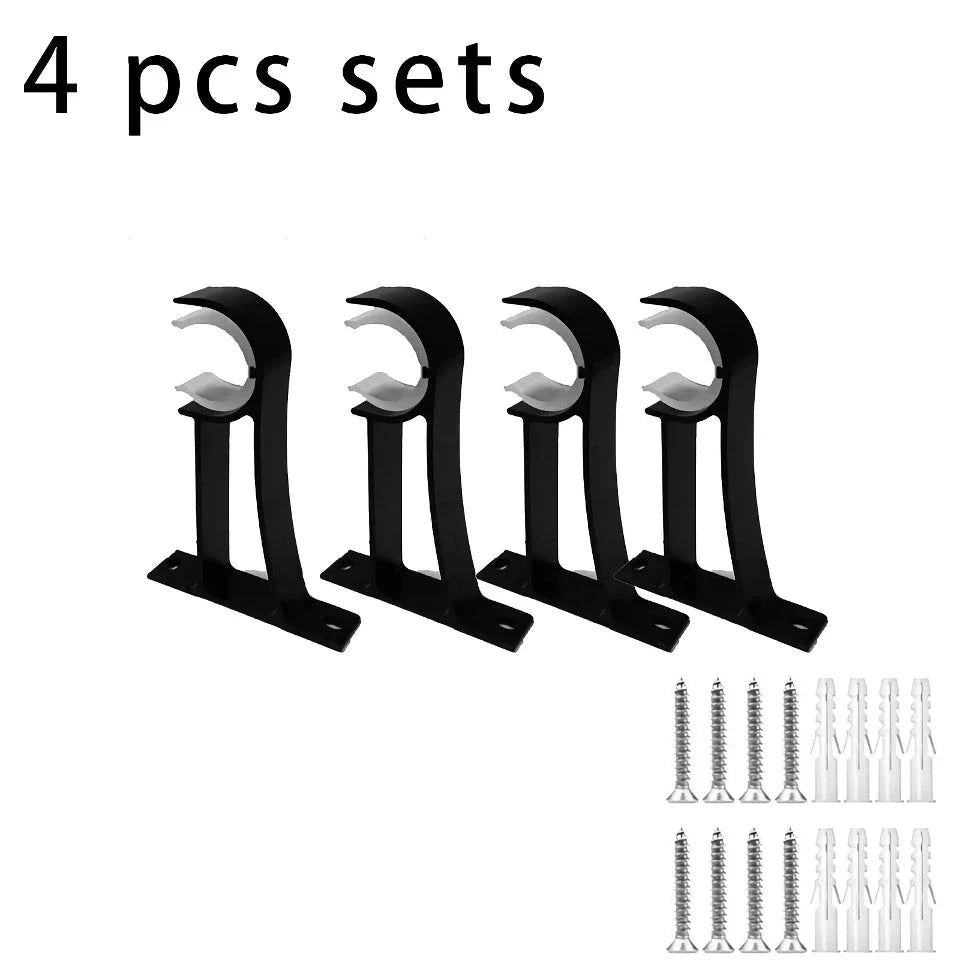 Aluminium alloy curtain rod brackets in black and white, designed for easy installation and sturdy support for curtains, shower rods, and other pipes up to 32mm in diameter.