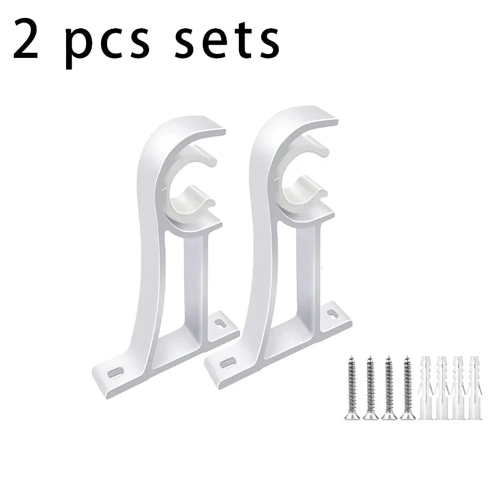 Aluminium alloy curtain rod brackets in black and white, designed for easy installation and sturdy support for curtains, shower rods, and other pipes up to 32mm in diameter.