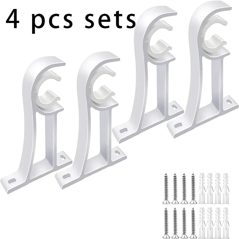 Aluminium alloy curtain rod brackets in black and white, designed for easy installation and sturdy support for curtains, shower rods, and other pipes up to 32mm in diameter.