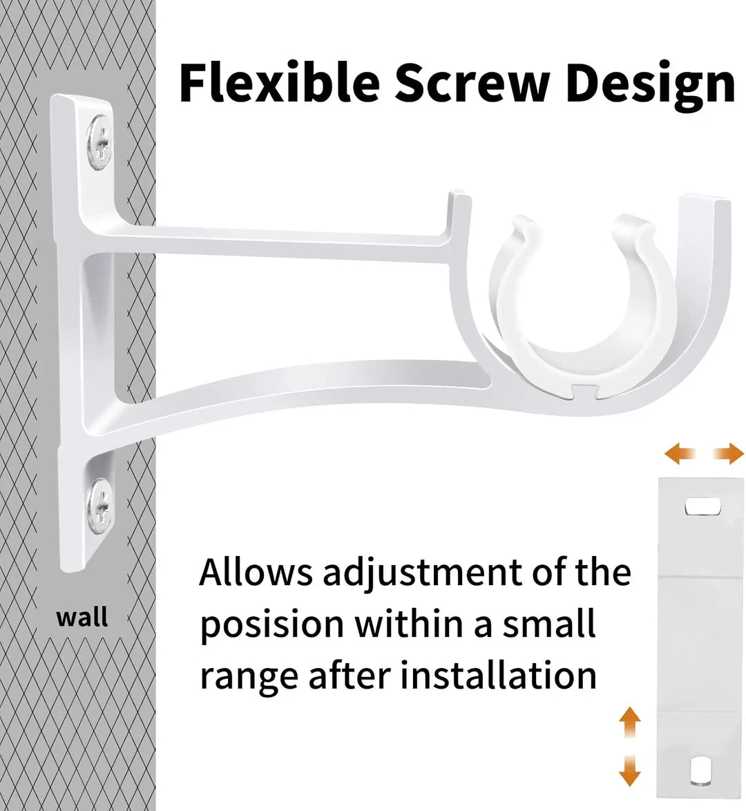 Aluminium alloy curtain rod brackets in black and white, designed for easy installation and sturdy support for curtains, shower rods, and other pipes up to 32mm in diameter.