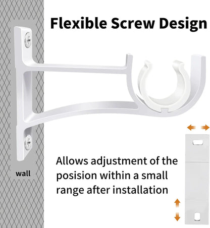 Aluminium alloy curtain rod brackets in black and white, designed for easy installation and sturdy support for curtains, shower rods, and other pipes up to 32mm in diameter.