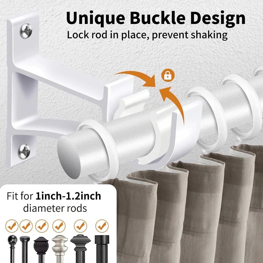 Aluminium alloy curtain rod brackets in black and white, designed for easy installation and sturdy support for curtains, shower rods, and other pipes up to 32mm in diameter.