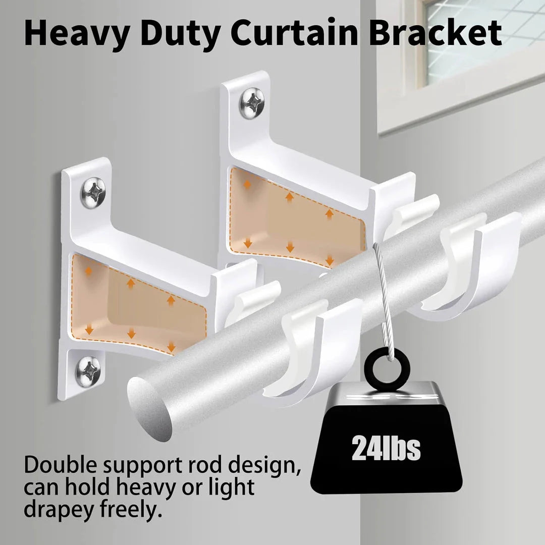 Aluminium alloy curtain rod brackets in black and white, designed for easy installation and sturdy support for curtains, shower rods, and other pipes up to 32mm in diameter.