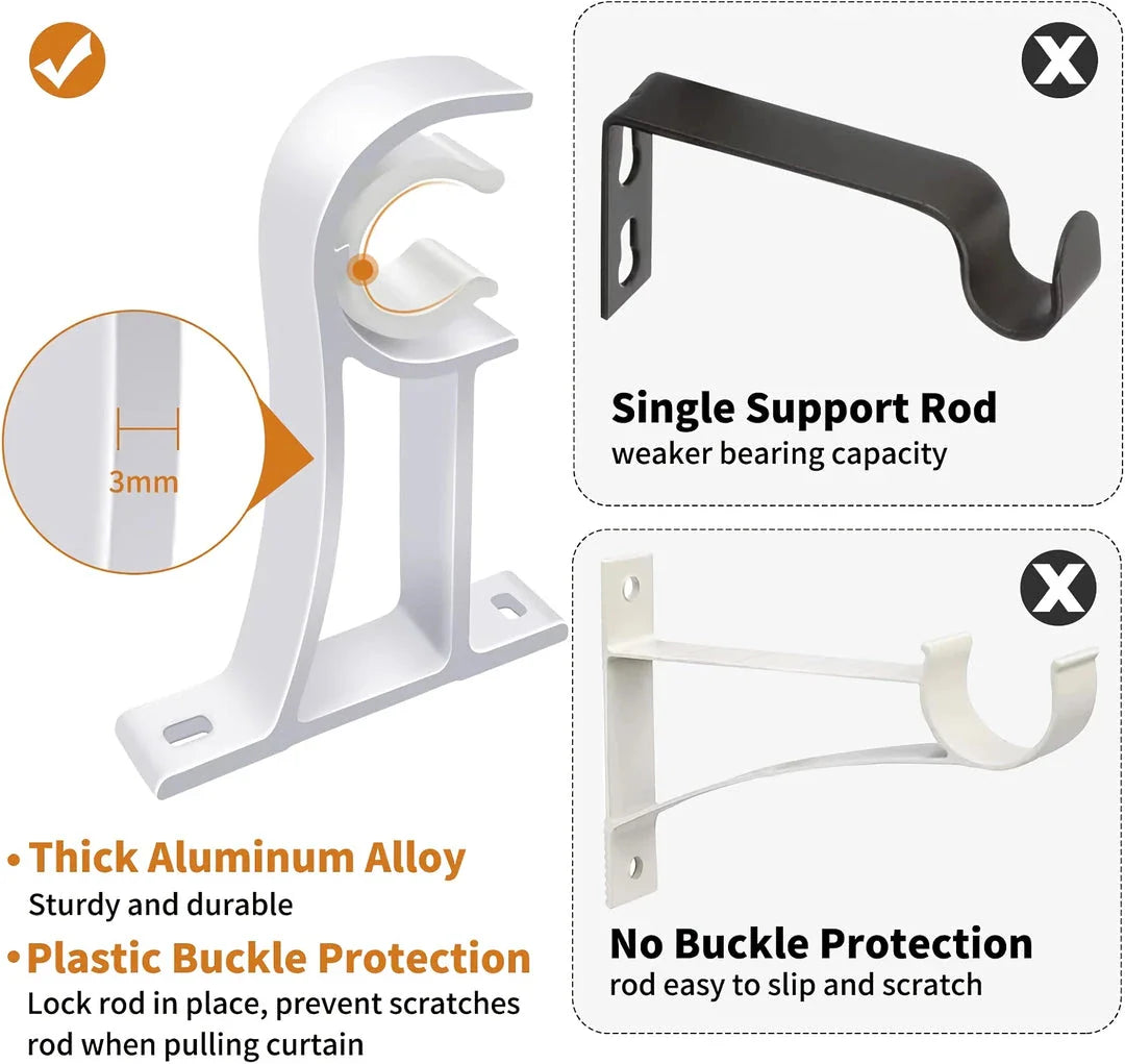 Aluminium alloy curtain rod brackets in black and white, designed for easy installation and sturdy support for curtains, shower rods, and other pipes up to 32mm in diameter.