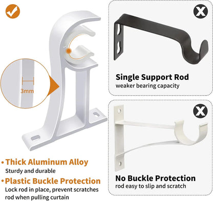 Aluminium alloy curtain rod brackets in black and white, designed for easy installation and sturdy support for curtains, shower rods, and other pipes up to 32mm in diameter.