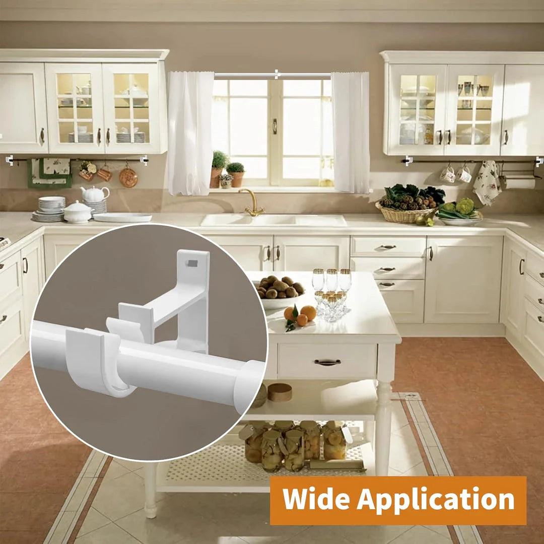Aluminium alloy curtain rod brackets in black and white, designed for easy installation and sturdy support for curtains, shower rods, and other pipes up to 32mm in diameter.