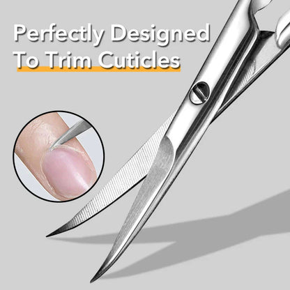 Precision cuticle scissors with extra-fine curved blades for clean, accurate grooming cuts