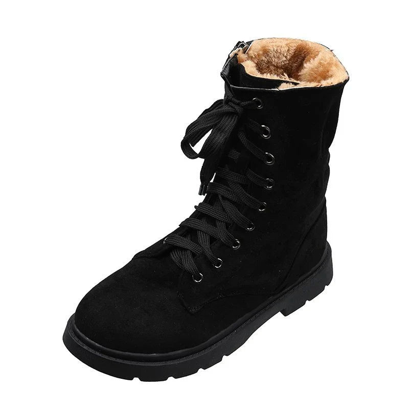 Pair of British retro student's thick boots in apricot color, featuring a round toe and sturdy rubber sole