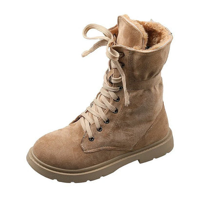 Pair of British retro student's thick boots in apricot color, featuring a round toe and sturdy rubber sole
