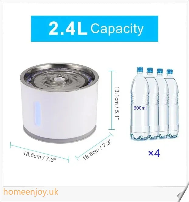 Automatic pet water fountain with LED light for cats, providing continuous fresh water and stylish design
