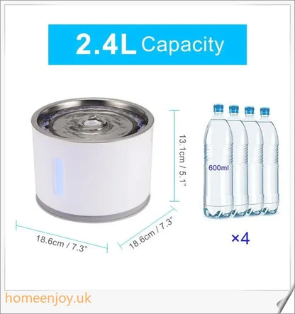 Automatic pet water fountain with LED light for cats, providing continuous fresh water and stylish design