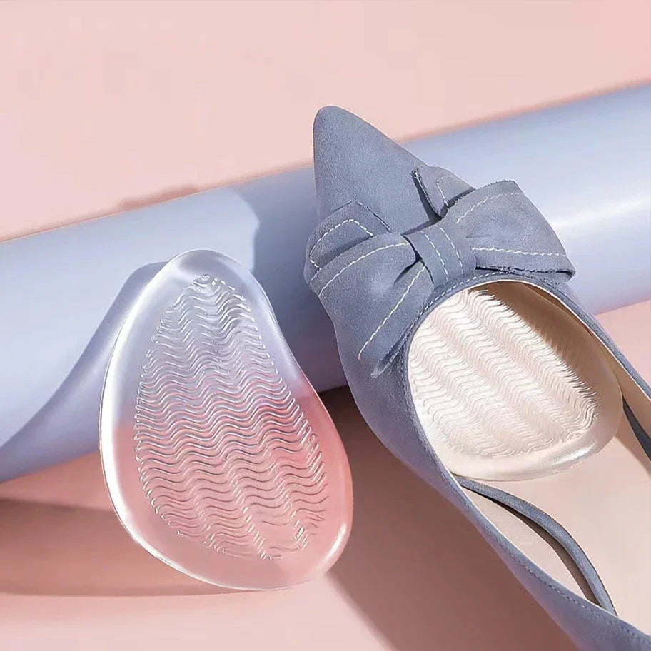 A pair of high heel shoes with transparent silicone insoles inside, providing cushioning and support for the wearer's feet.