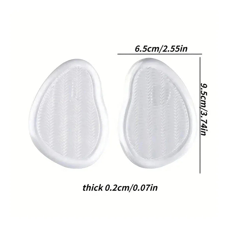 A pair of high heel shoes with transparent silicone insoles inside, providing cushioning and support for the wearer's feet.