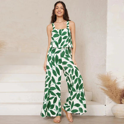 Chic paisley print wide leg jumpsuit with suspender top set for women's streetwear fashion