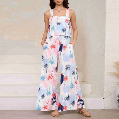 Chic paisley print wide leg jumpsuit with suspender top set for women's streetwear fashion