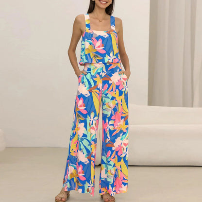 Chic paisley print wide leg jumpsuit with suspender top set for women's streetwear fashion