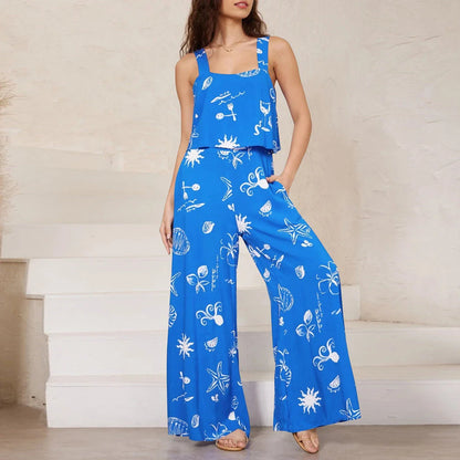 Chic paisley print wide leg jumpsuit with suspender top set for women's streetwear fashion