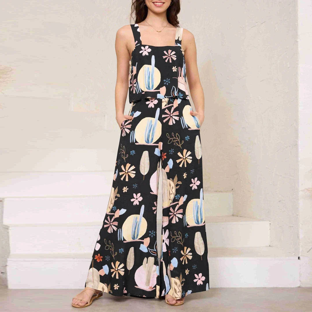 Chic paisley print wide leg jumpsuit with suspender top set for women's streetwear fashion
