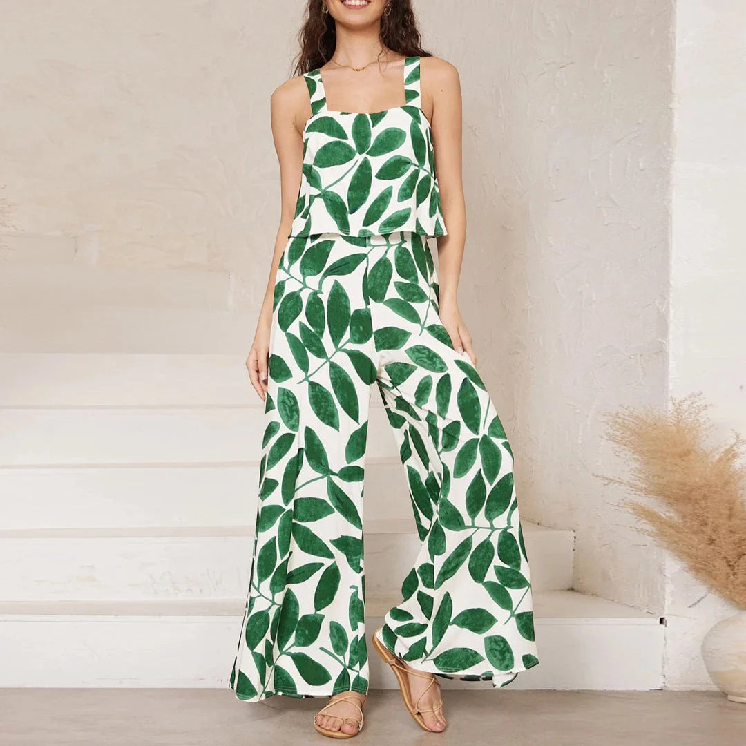 Chic paisley print wide leg jumpsuit with suspender top set for women's streetwear fashion