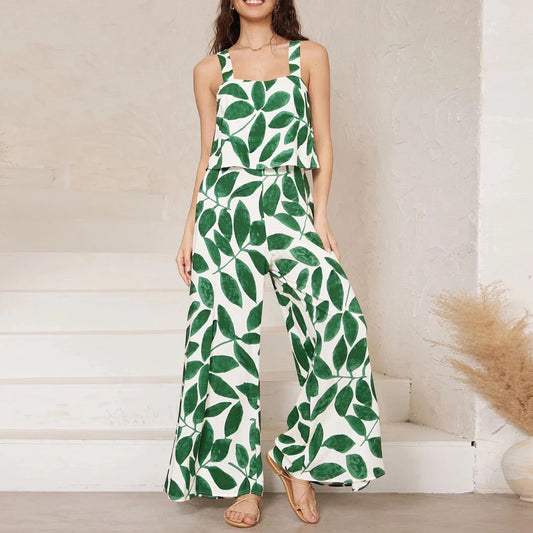 Chic paisley print wide leg jumpsuit with suspender top set for women's streetwear fashion
