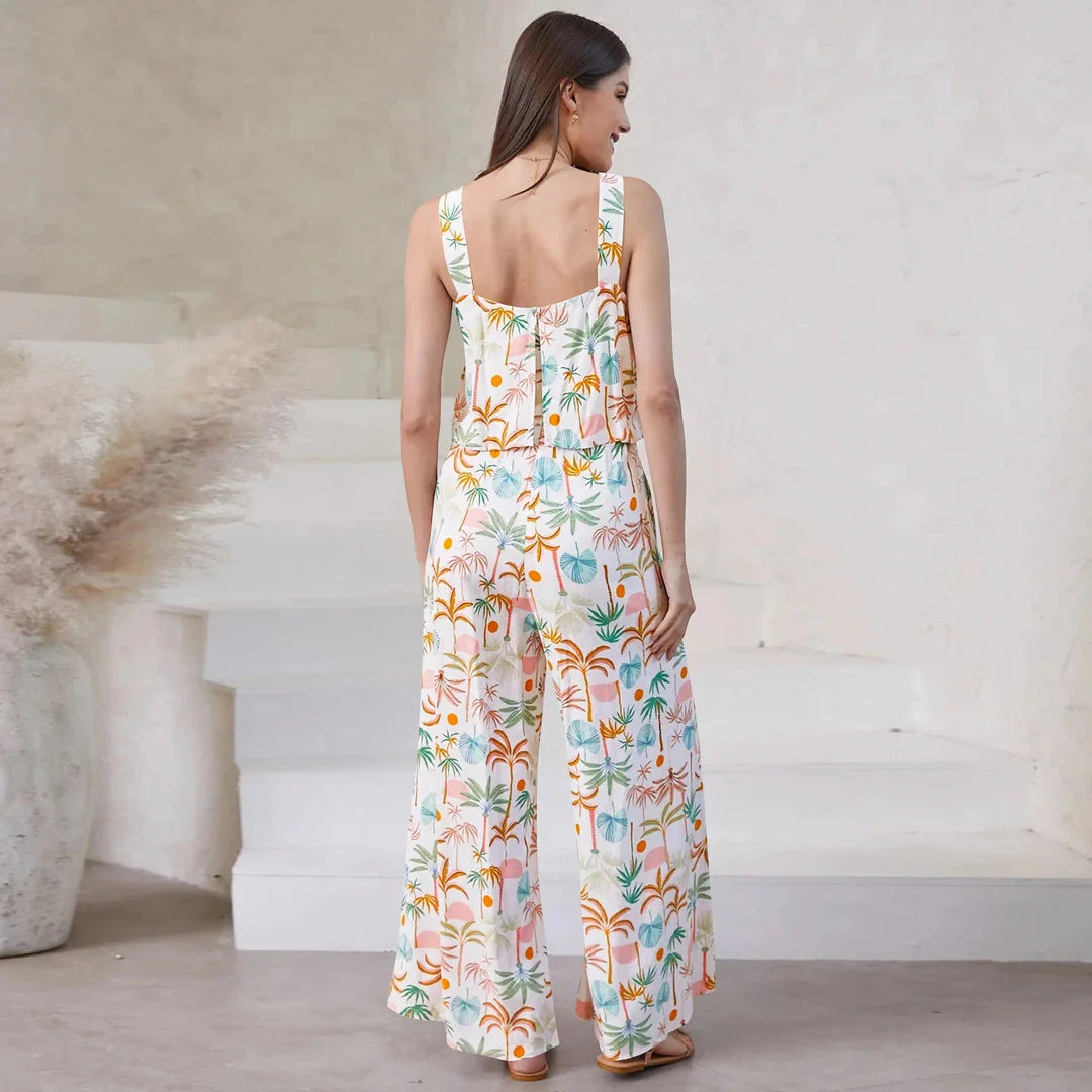 Chic paisley print wide leg jumpsuit with suspender top set for women's streetwear fashion