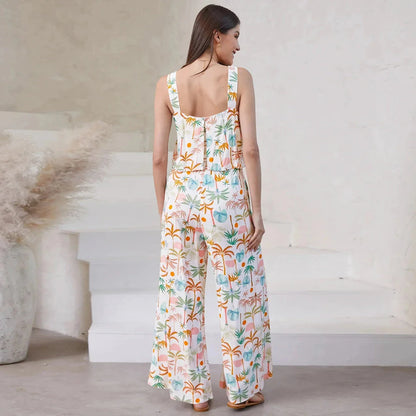 Chic paisley print wide leg jumpsuit with suspender top set for women's streetwear fashion