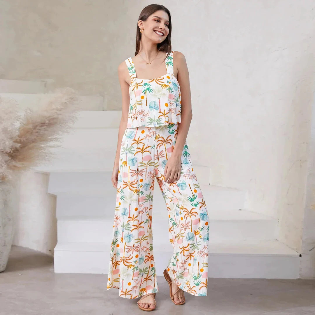 Chic paisley print wide leg jumpsuit with suspender top set for women's streetwear fashion