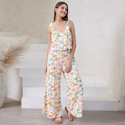 Chic paisley print wide leg jumpsuit with suspender top set for women's streetwear fashion