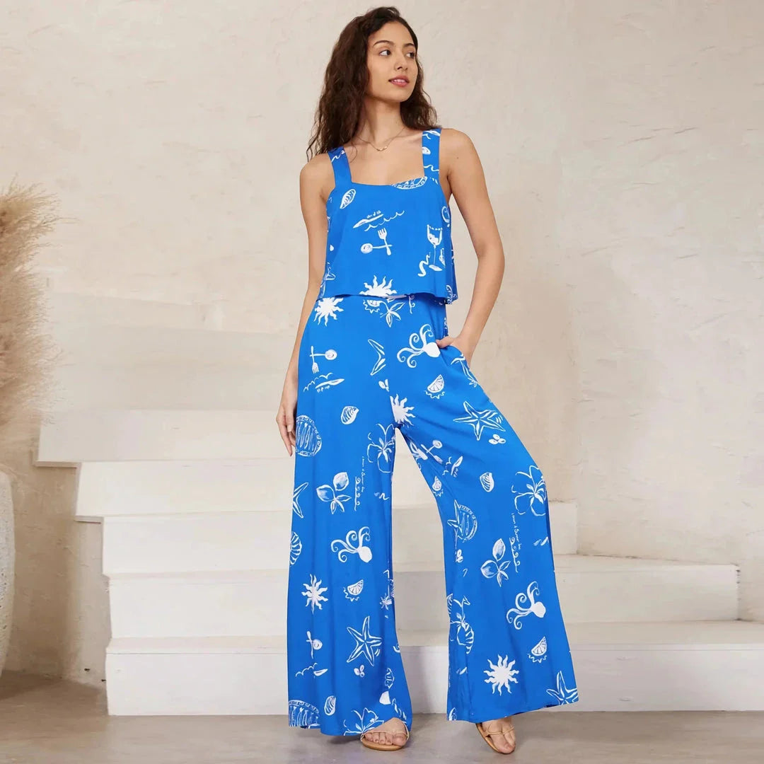Chic paisley print wide leg jumpsuit with suspender top set for women's streetwear fashion