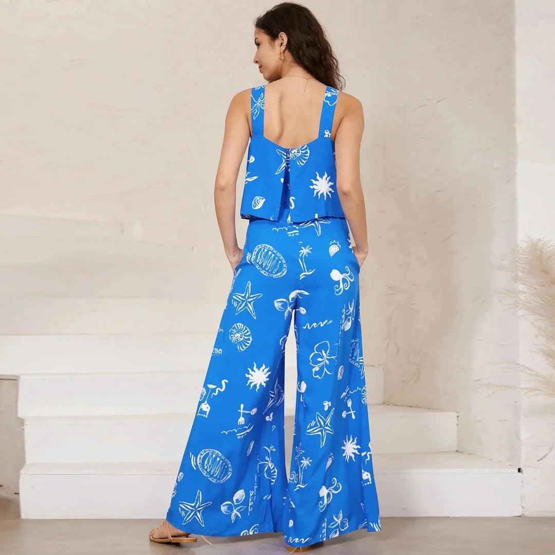 Chic paisley print wide leg jumpsuit with suspender top set for women's streetwear fashion