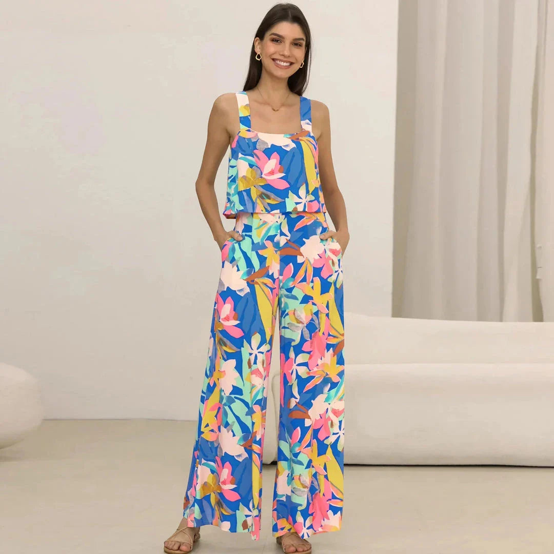 Chic paisley print wide leg jumpsuit with suspender top set for women's streetwear fashion