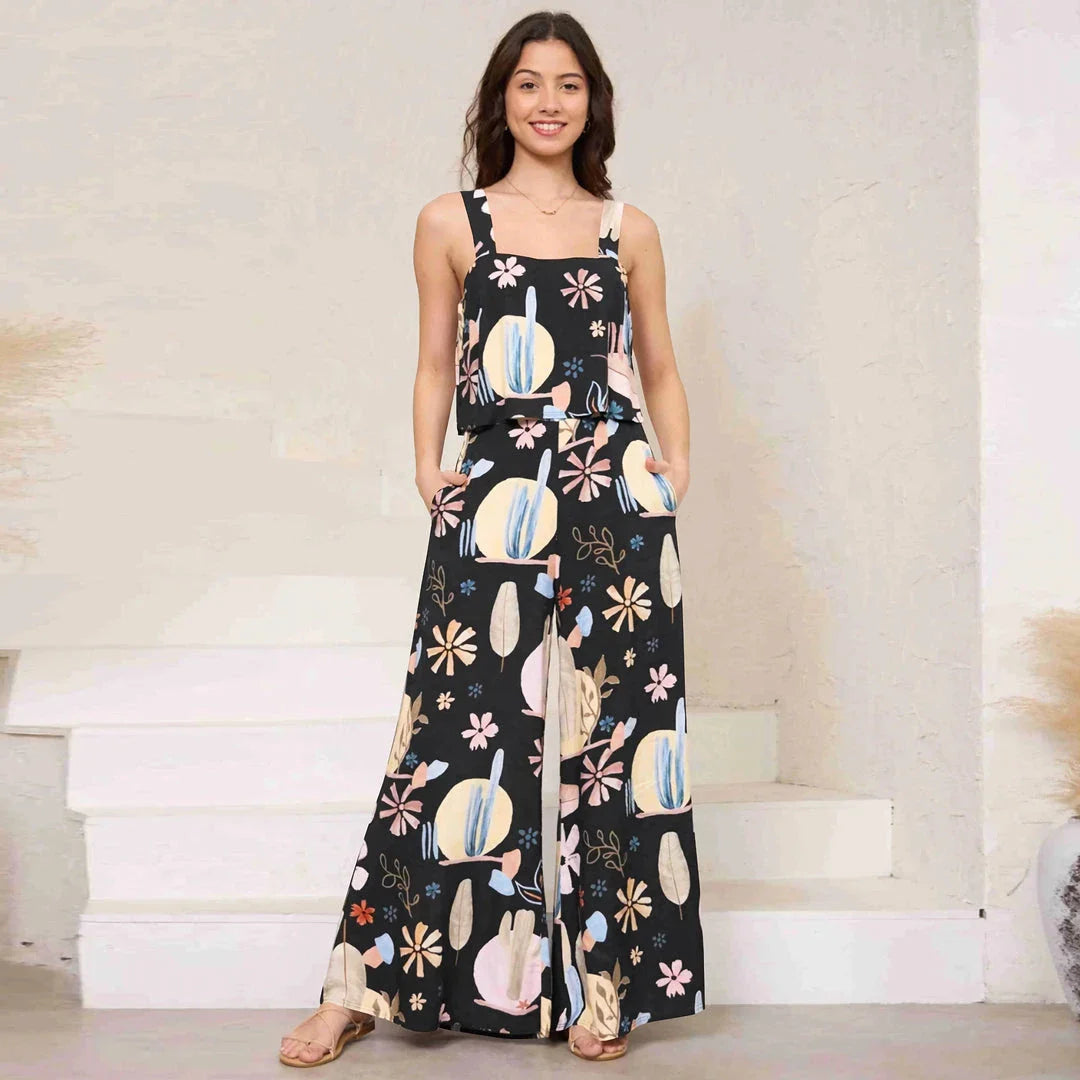 Chic paisley print wide leg jumpsuit with suspender top set for women's streetwear fashion