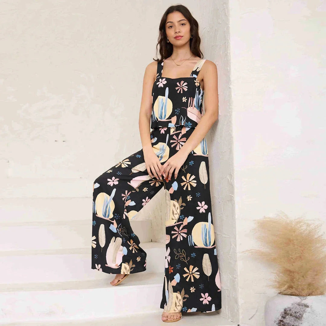 Chic paisley print wide leg jumpsuit with suspender top set for women's streetwear fashion