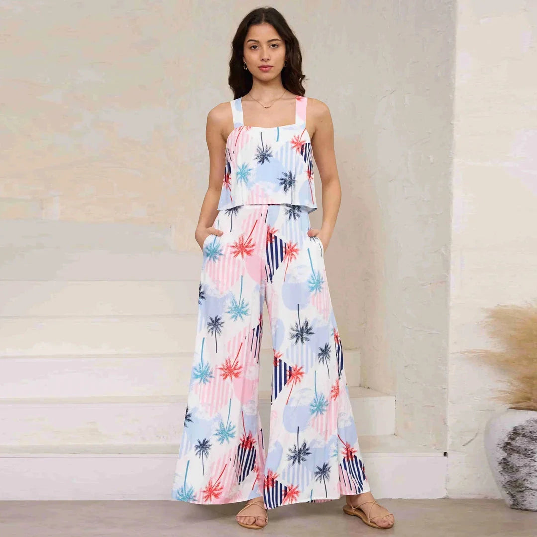 Chic paisley print wide leg jumpsuit with suspender top set for women's streetwear fashion